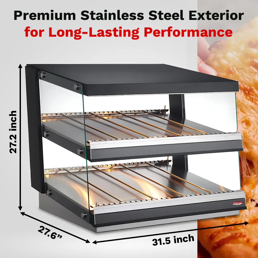 BakeMax BMHGG01 Titan Series heated countertop display case with stainless steel frame, glass doors, and warming shelves for bakery or food items.