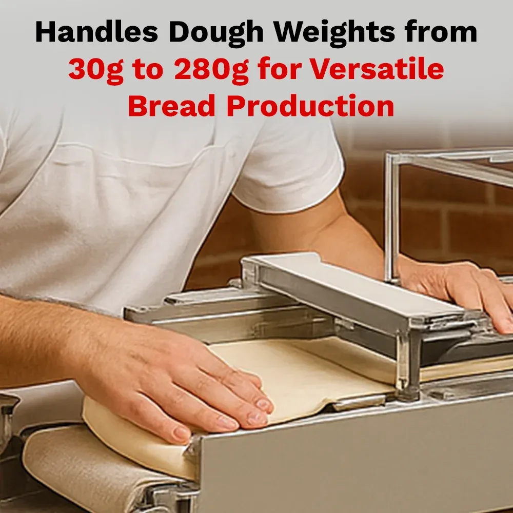 BakeMax Titan Series mini dough moulder with compact countertop design, stainless steel build, and adjustable rollers for shaping small dough pieces.