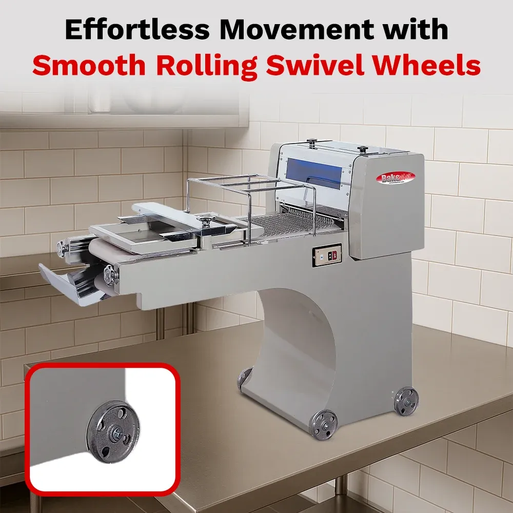 BakeMax Titan Series mini dough moulder with compact countertop design, stainless steel build, and adjustable rollers for shaping small dough pieces.