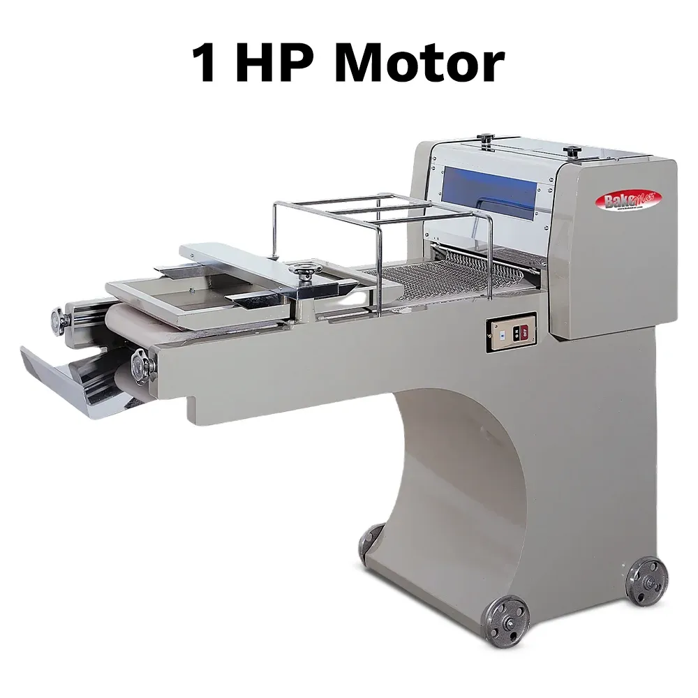 BakeMax Titan Series mini dough moulder with compact countertop design, stainless steel build, and adjustable rollers for shaping small dough pieces.