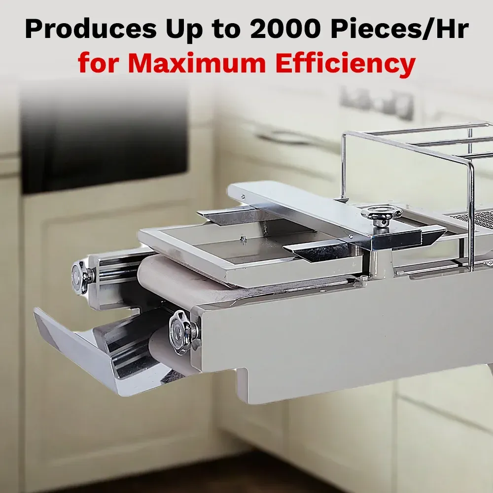 BakeMax Titan Series mini dough moulder with compact countertop design, stainless steel build, and adjustable rollers for shaping small dough pieces.