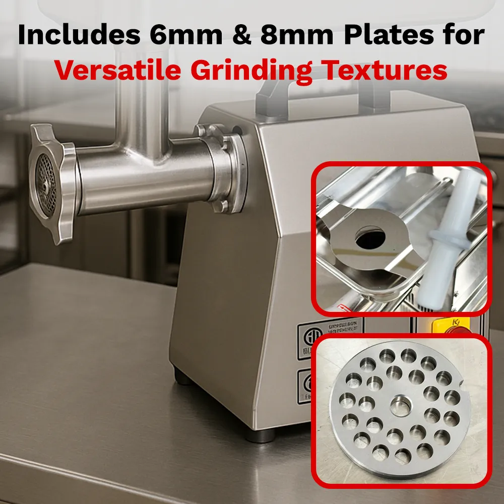 BakeMax Compact 20-inch electric countertop meat grinder, quiet operation with cooling vents, perfect for daily fresh meat grinding in small kitchens.