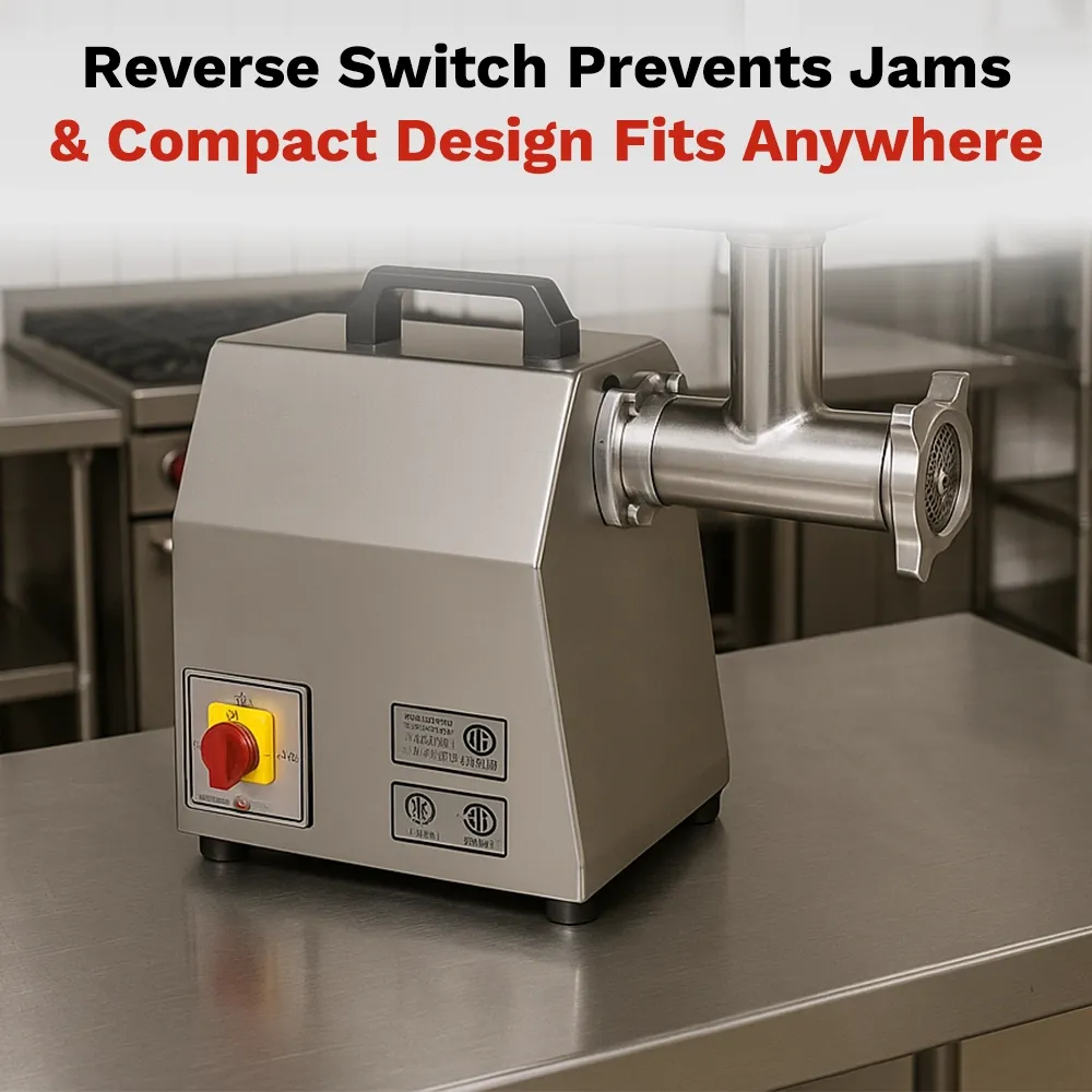 BakeMax Compact 20-inch electric countertop meat grinder, quiet operation with cooling vents, perfect for daily fresh meat grinding in small kitchens.