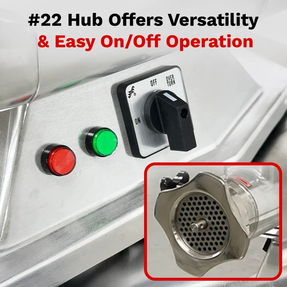 BakeMax Titan electric meat grinder with powerful motor, handles over six hundred pounds per hour, built for continuous use in commercial kitchens.