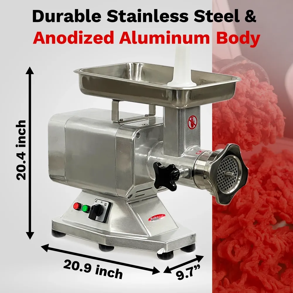 BakeMax Titan electric meat grinder with powerful motor, handles over six hundred pounds per hour, built for continuous use in commercial kitchens.