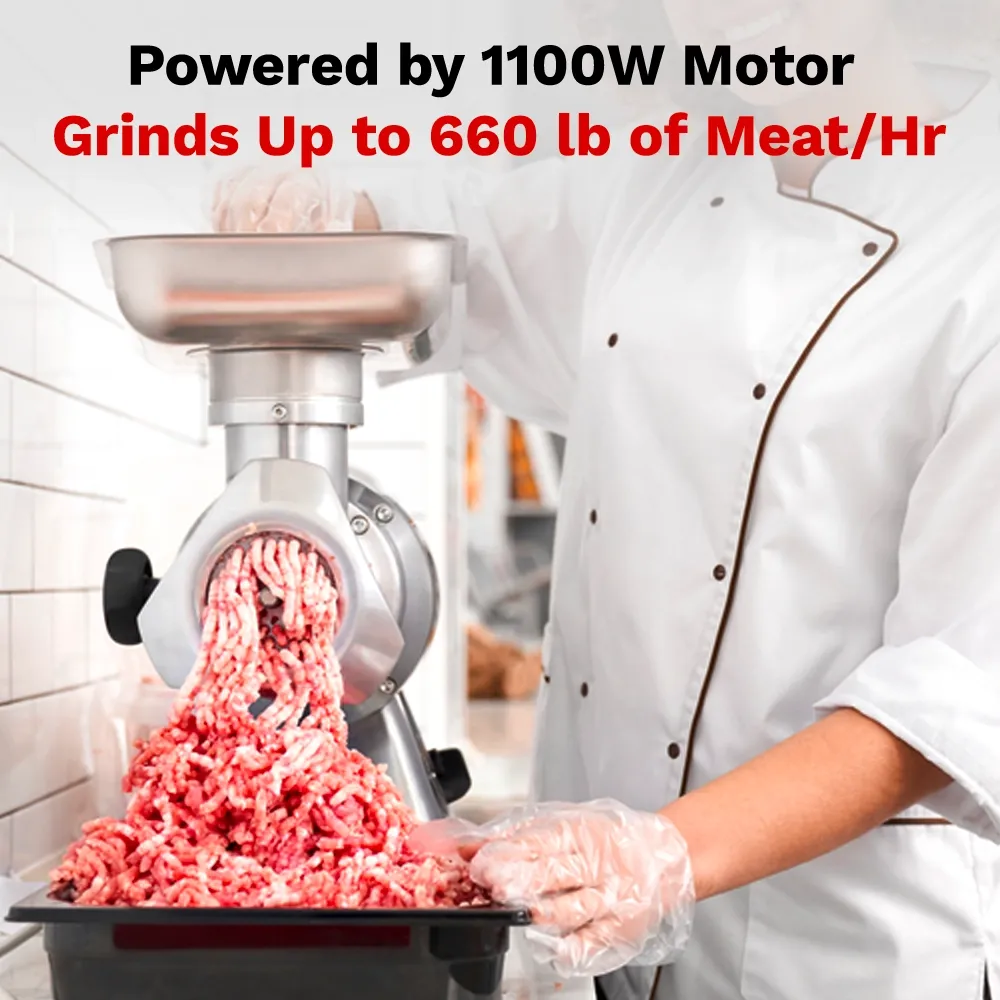 BakeMax Titan electric meat grinder with powerful motor, handles over six hundred pounds per hour, built for continuous use in commercial kitchens.