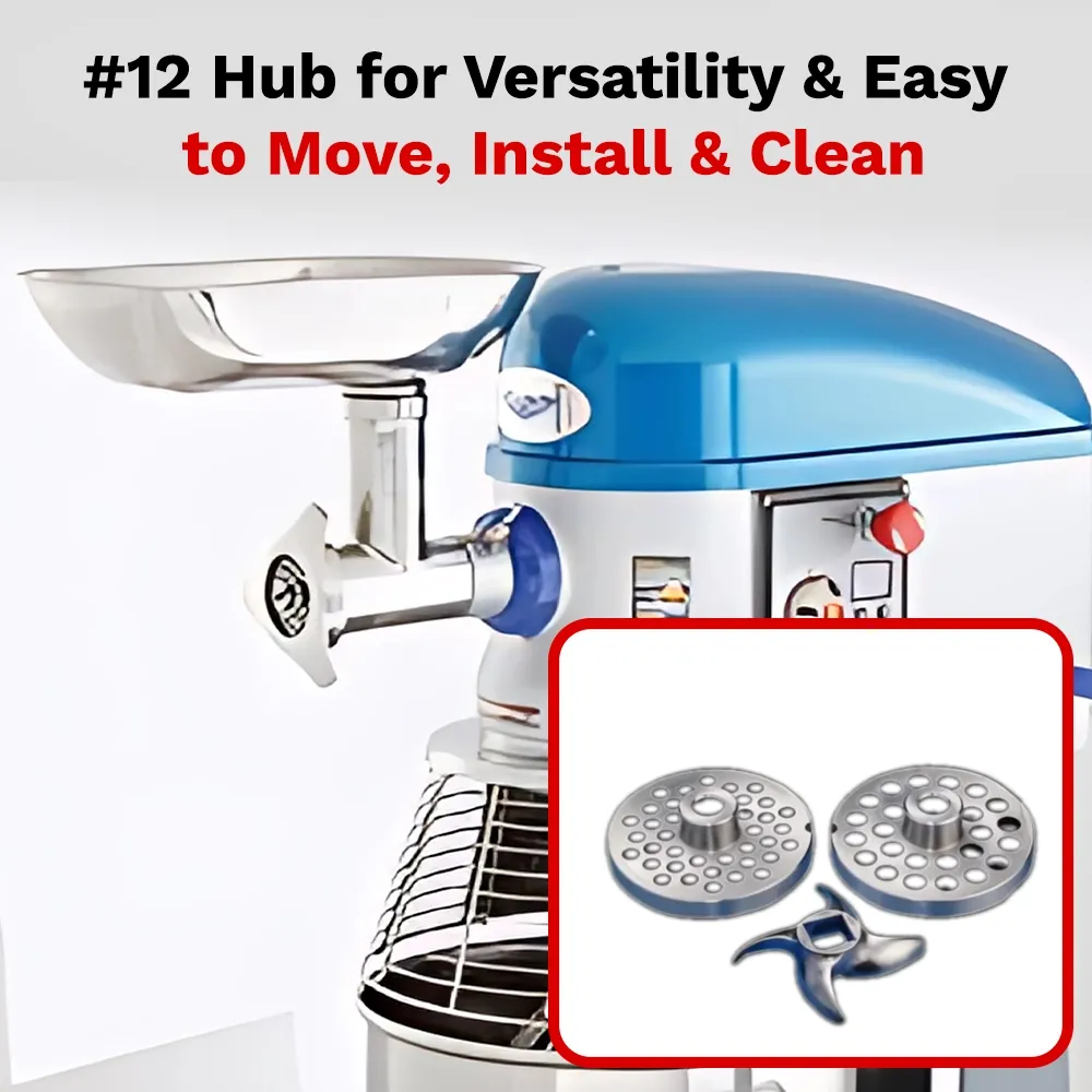 BakeMax Eight-inch grinder attachment fits compatible mixers, converting them into powerful meat processors. Polished stainless steel, dishwasher safe