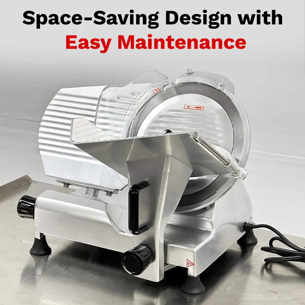BakeMax Manual control 23.5-inch slicer with twelve-inch blade, gravity-feed design offers clean, consistent slicing for meats and vegetables.