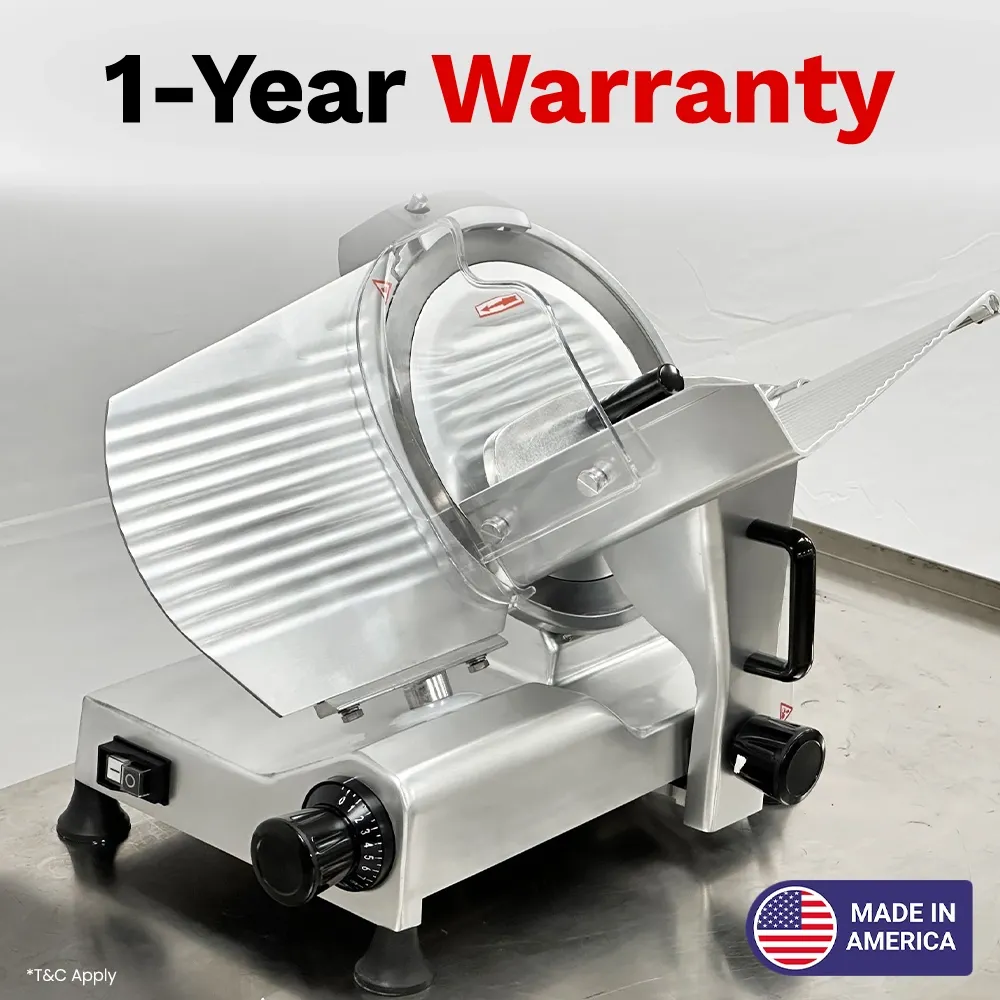 BakeMax Manual control 23.5-inch slicer with twelve-inch blade, gravity-feed design offers clean, consistent slicing for meats and vegetables.