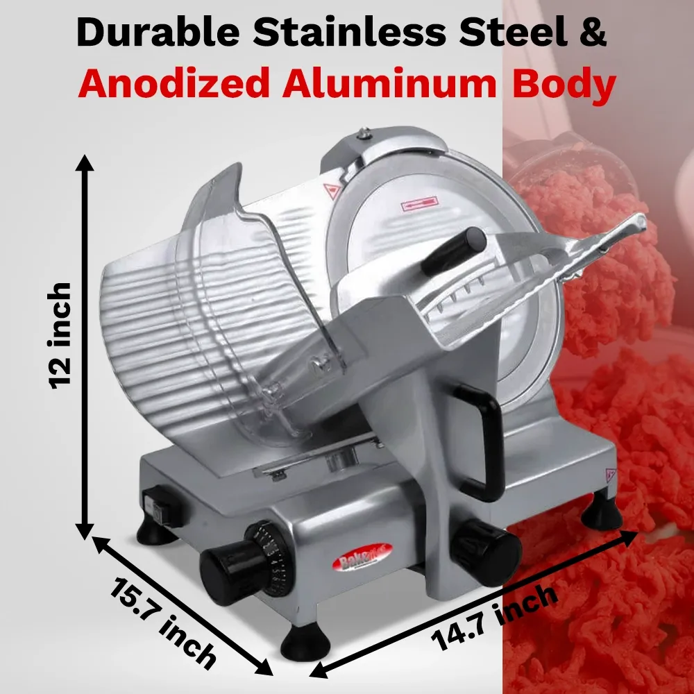 BakeMax Manual control 23.5-inch slicer with twelve-inch blade, gravity-feed design offers clean, consistent slicing for meats and vegetables.