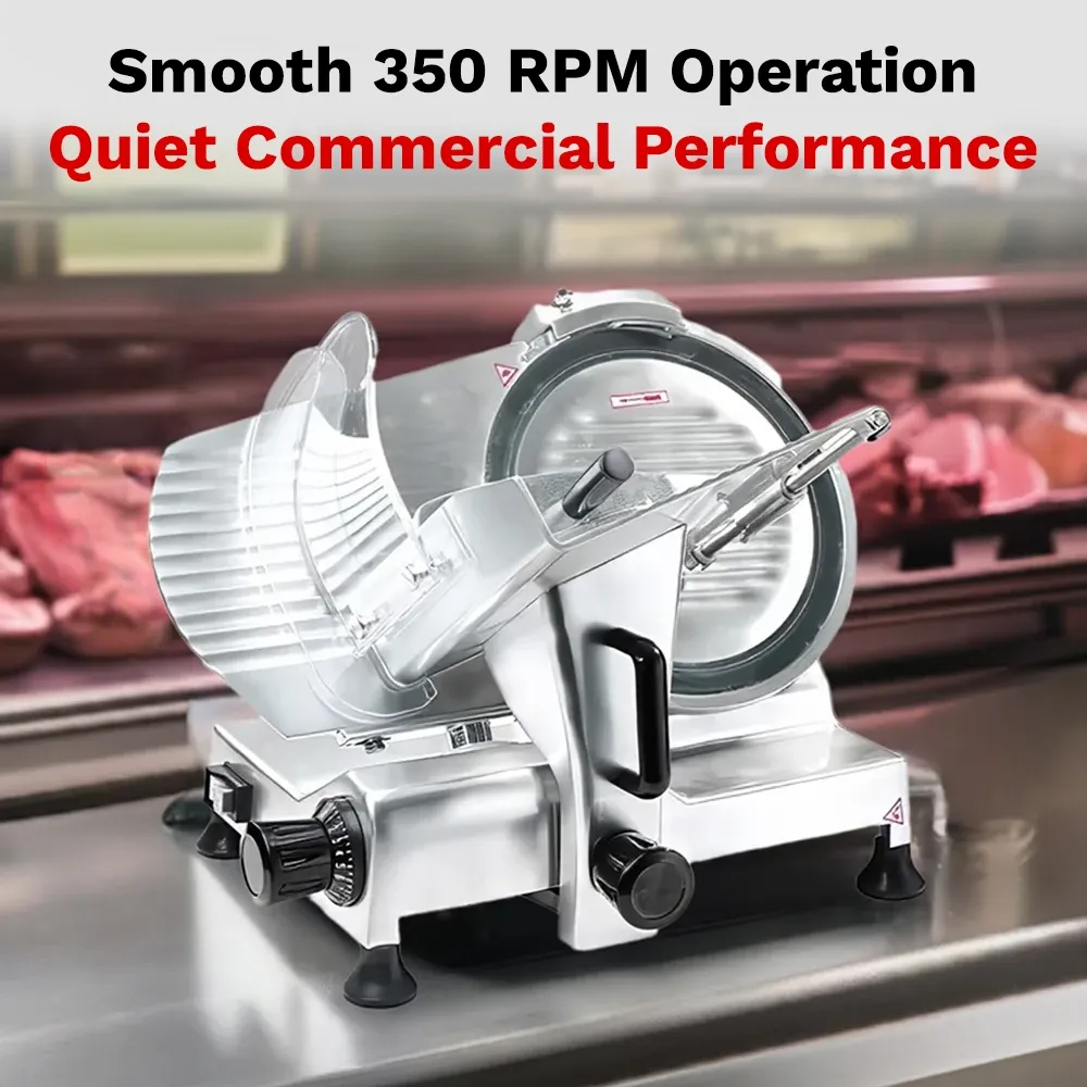 BakeMax Manual control 23.5-inch slicer with twelve-inch blade, gravity-feed design offers clean, consistent slicing for meats and vegetables.