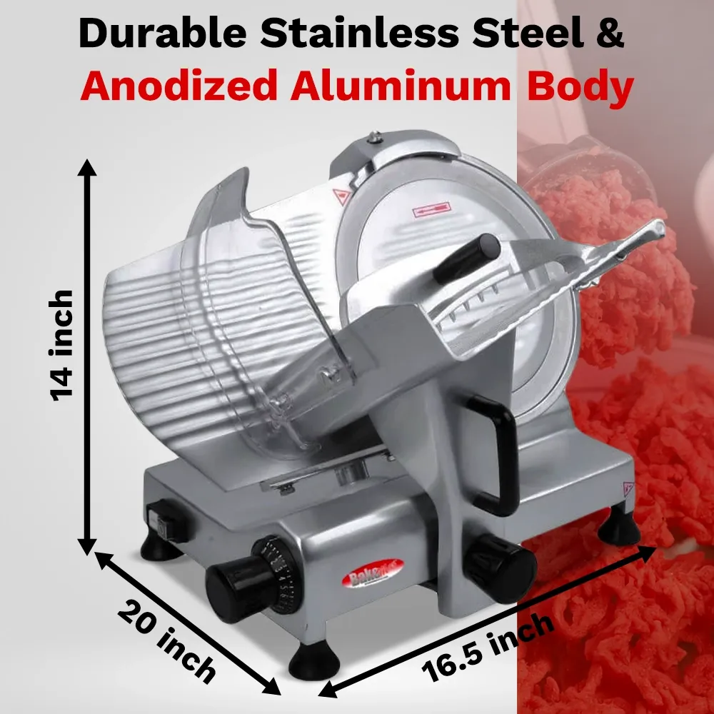 BakeMax Compact 20-inch gravity-feed slicer with ten-inch blade, effective for slicing meats and cheeses in cafés. Durable and reliable choice.