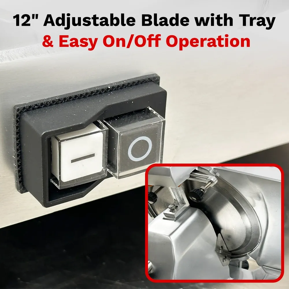 BakeMax Manual gravity-feed slicer with twelve-inch blade, perfect for delis and kitchens needing daily meat slicing. Includes built-in sharpener.