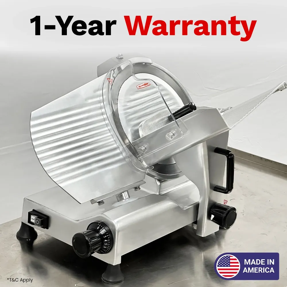 BakeMax Manual gravity-feed slicer with twelve-inch blade, perfect for delis and kitchens needing daily meat slicing. Includes built-in sharpener.