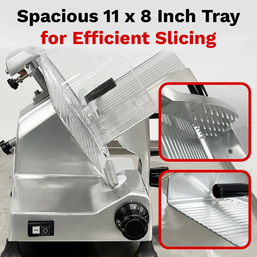 BakeMax Manual gravity-feed slicer with twelve-inch blade, perfect for delis and kitchens needing daily meat slicing. Includes built-in sharpener.