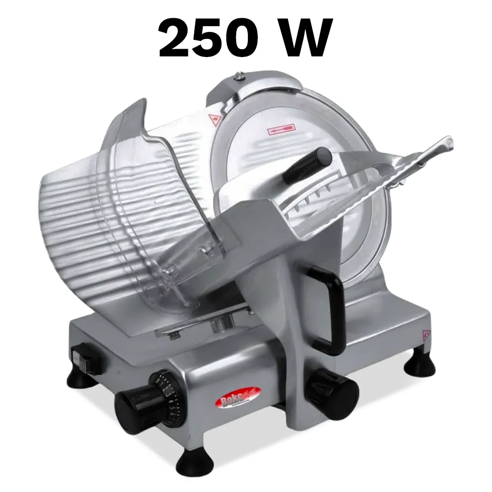 BakeMax Manual gravity-feed slicer with twelve-inch blade, perfect for delis and kitchens needing daily meat slicing. Includes built-in sharpener.