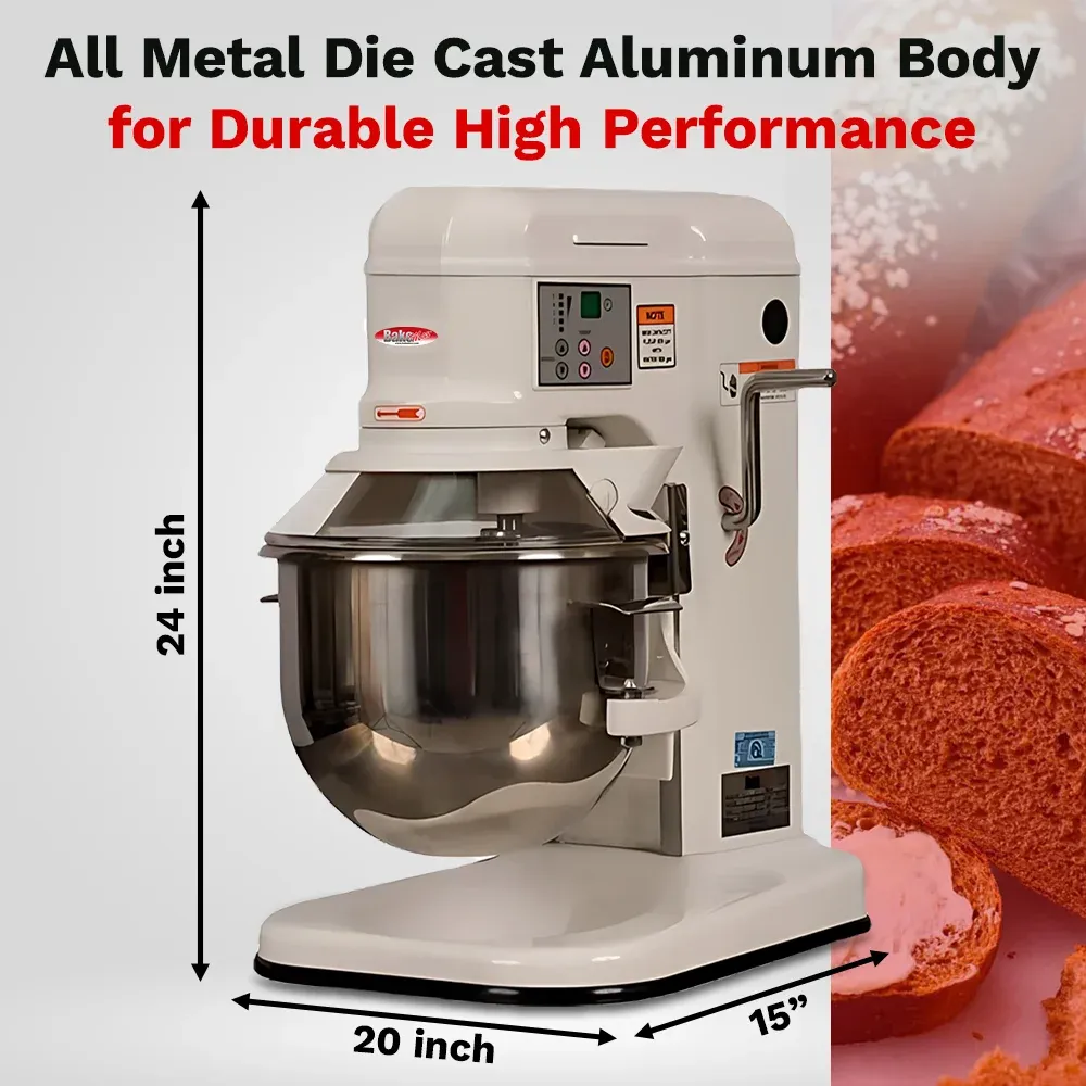 BakeMax countertop planetary mixer perfect for small batches of dough, cake batter, and whipped toppings in cafés. Great for quick prep tasks.