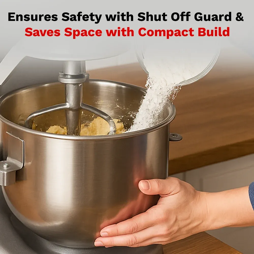 BakeMax countertop planetary mixer perfect for small batches of dough, cake batter, and whipped toppings in cafés. Great for quick prep tasks.