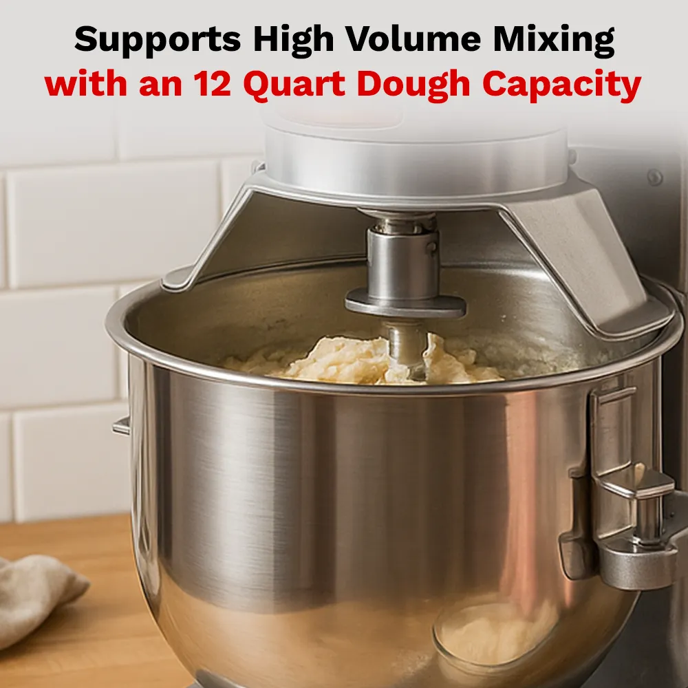 BakeMax countertop planetary mixer ideal for cafés and bakeries needing reliable performance without taking up much counter space. Smartly designed.