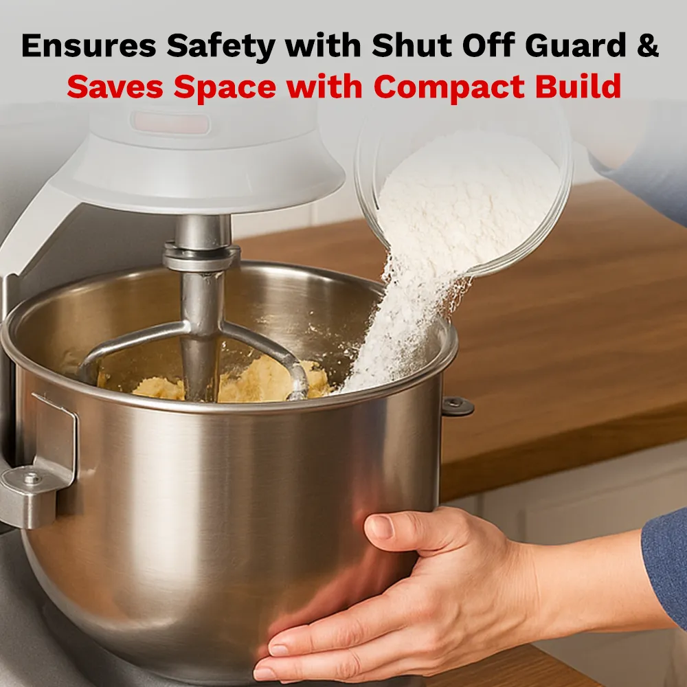 BakeMax countertop planetary mixer ideal for cafés and bakeries needing reliable performance without taking up much counter space. Smartly designed.