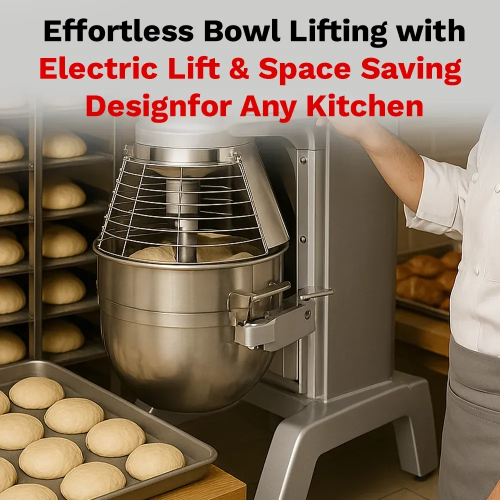 BakeMax sturdy floor planetary mixer delivering uniform mixing for bread dough and cake batter in commercial kitchens. Preferred by baking pros.