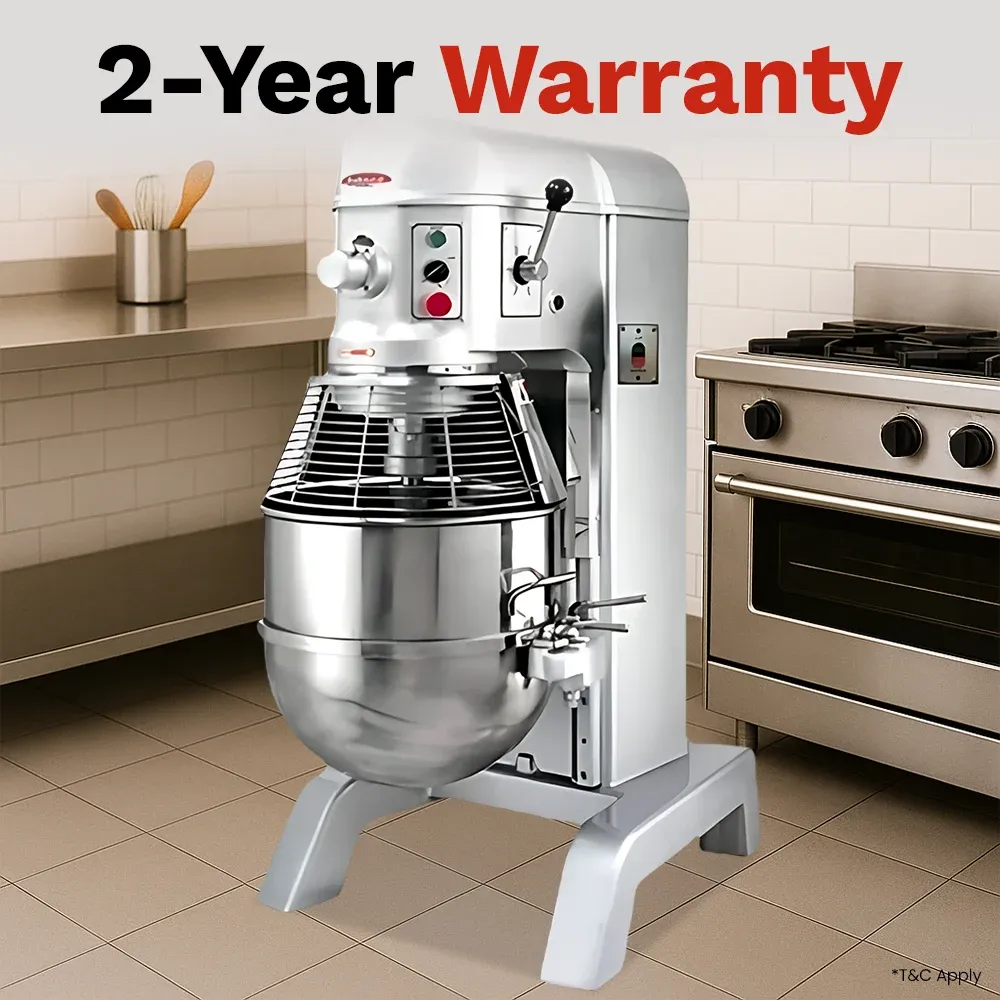 BakeMax sturdy floor planetary mixer delivering uniform mixing for bread dough and cake batter in commercial kitchens. Preferred by baking pros.