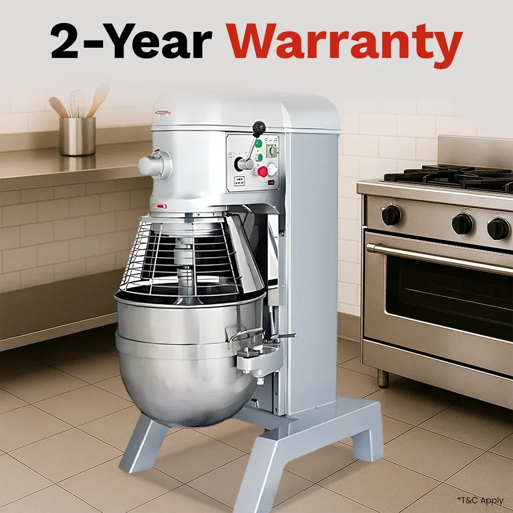 BakeMax large-capacity floor planetary mixer designed for high-volume bakeries and restaurants needing consistent dough and batter results.