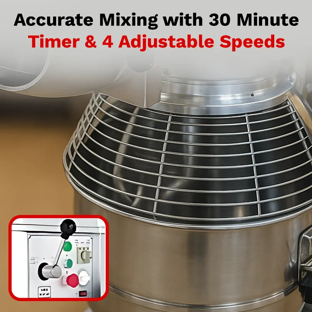 BakeMax commercial planetary mixer with large stainless steel bowl, designed for large-scale dough mixing in bakeries and food prep kitchens.