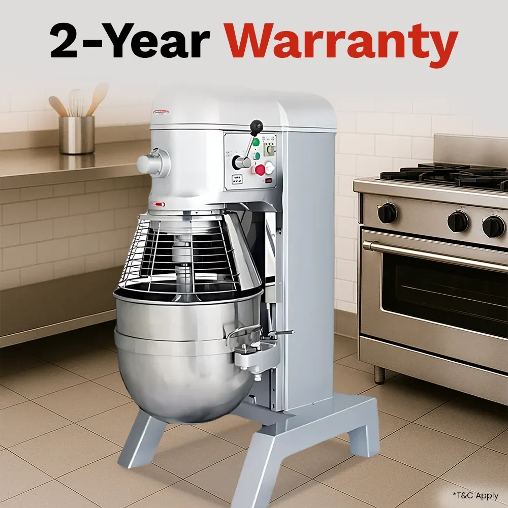 BakeMax commercial planetary mixer with large stainless steel bowl, designed for large-scale dough mixing in bakeries and food prep kitchens.