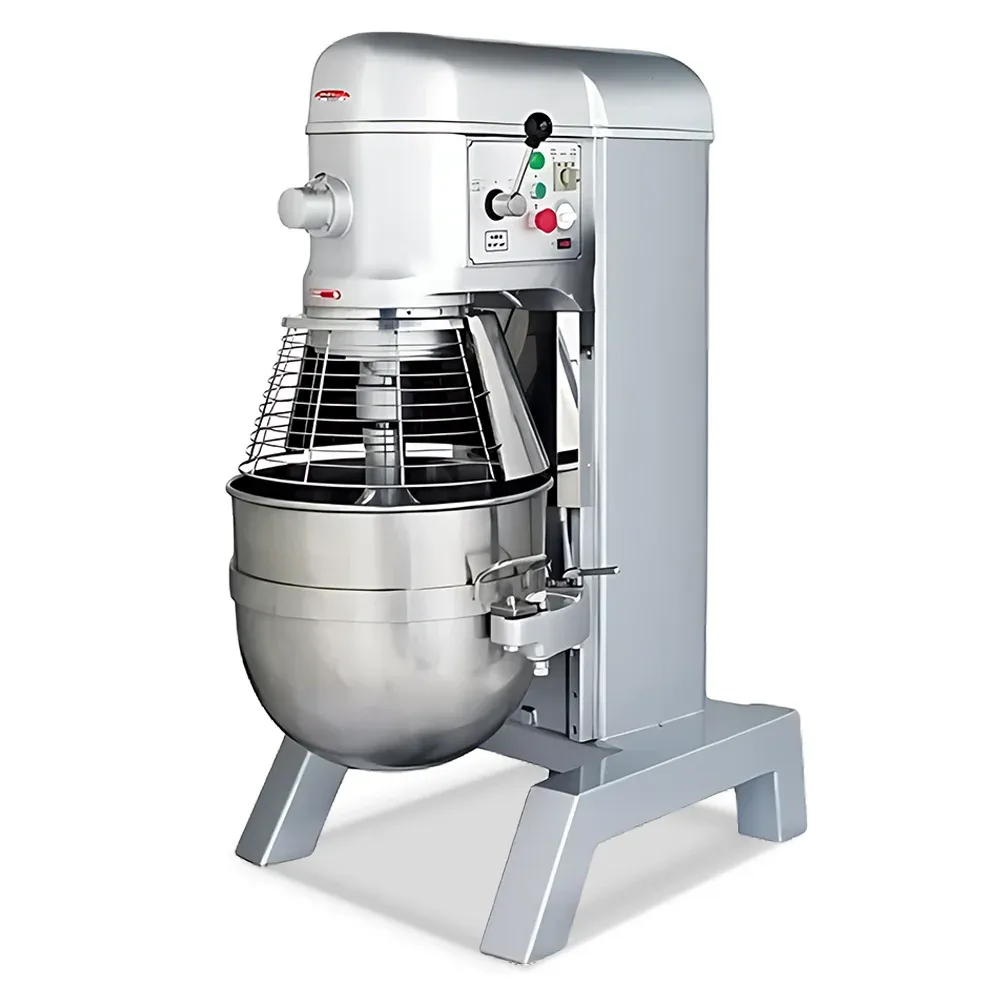 BakeMax commercial planetary mixer with large stainless steel bowl, designed for large-scale dough mixing in bakeries and food prep kitchens.