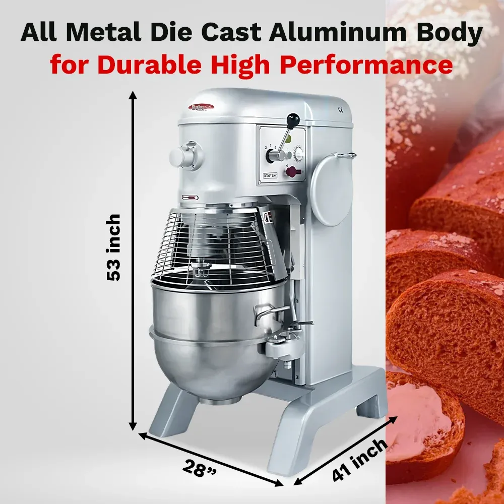 BakeMax reliable floor-standing planetary mixer with generous bowl capacity for busy bakeries and pastry kitchens. Built for high-demand performance.