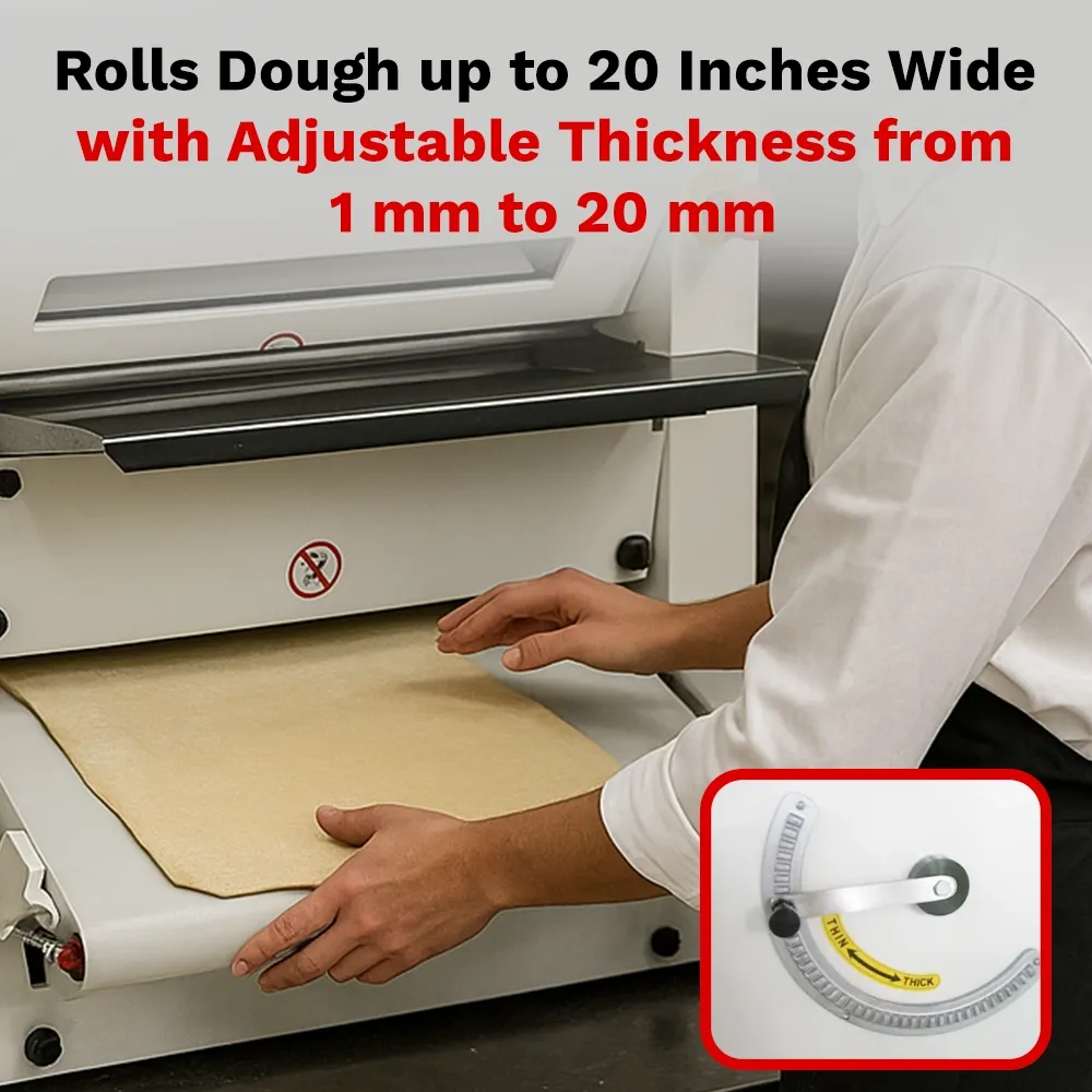 BakeMax Two-pass pizza sheeter with stainless rollers, compact countertop design, uniform thickness, easy to clean, single-phase power model.