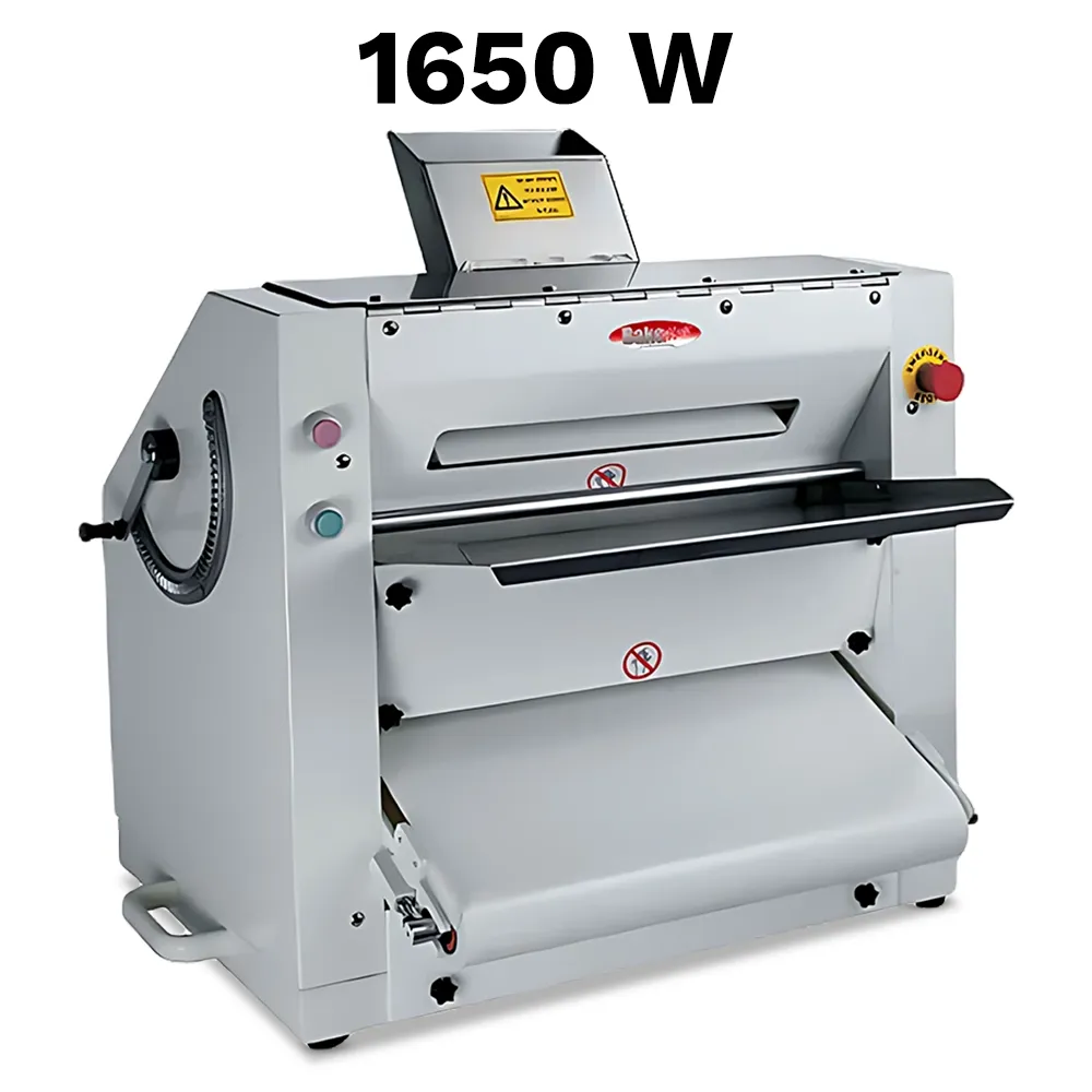 BakeMax Two-pass pizza sheeter with stainless rollers, compact countertop design, uniform thickness, easy to clean, single-phase power model.