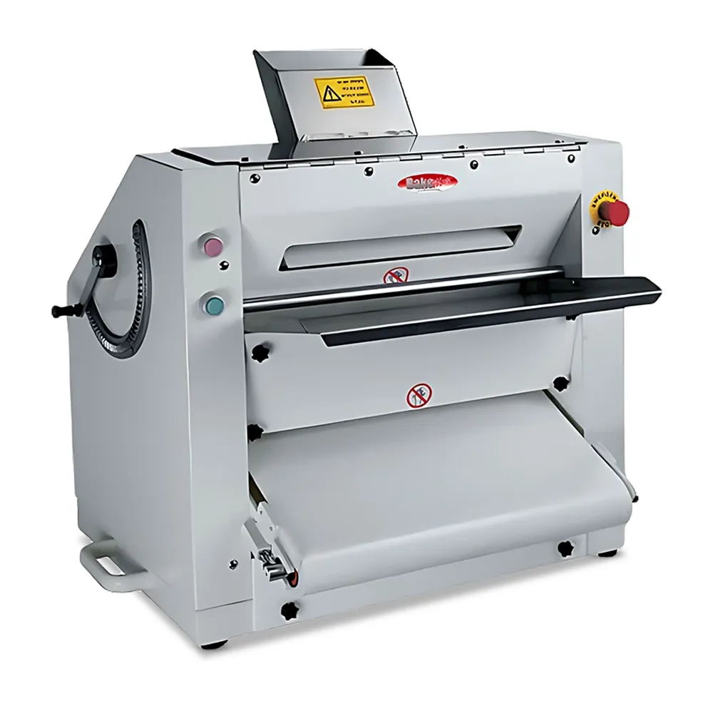 BakeMax Two-pass pizza sheeter with stainless rollers, compact countertop design, uniform thickness, easy to clean, single-phase power model.