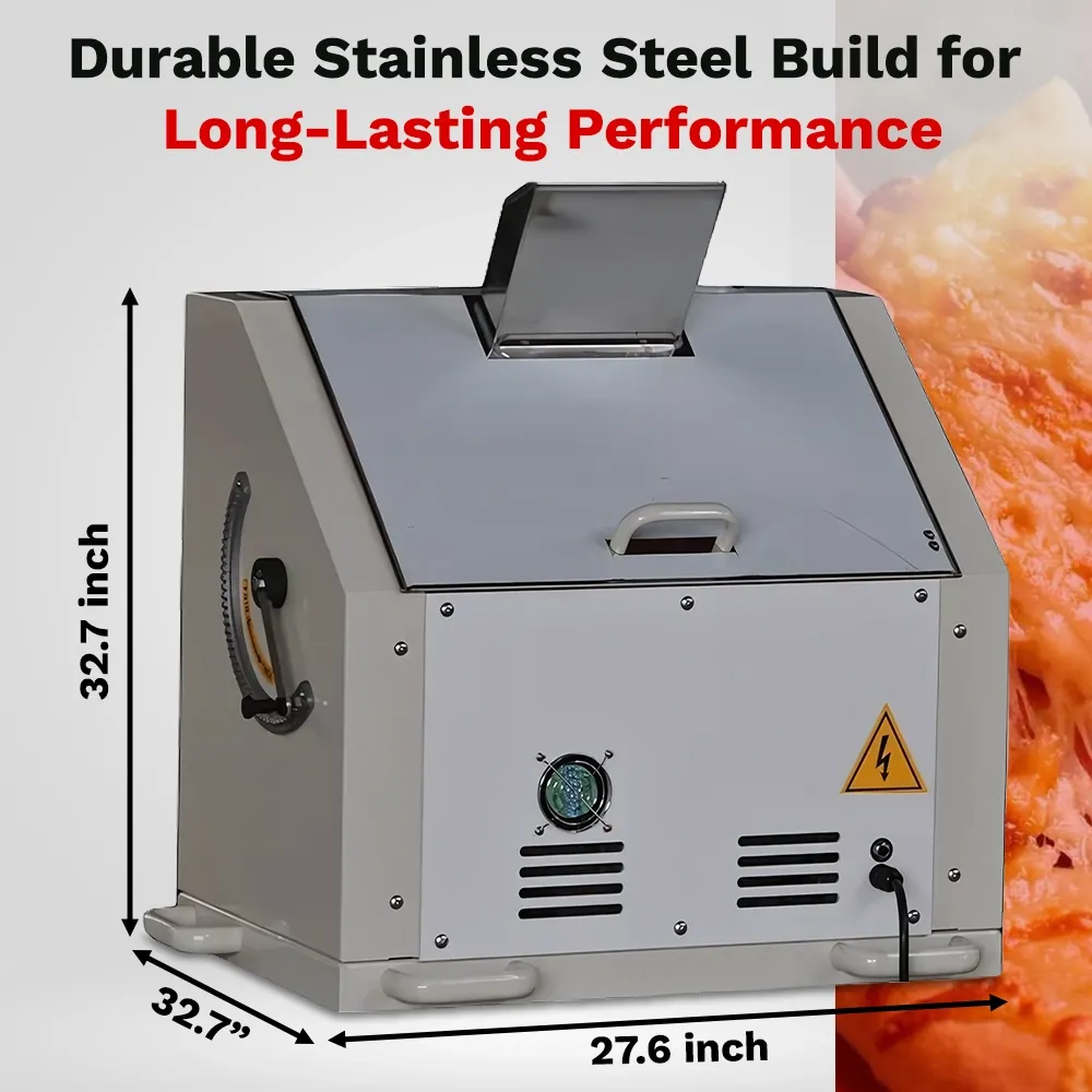 BakeMax Two-pass pizza sheeter with stainless rollers, compact countertop design, uniform thickness, easy to clean, single-phase power model.