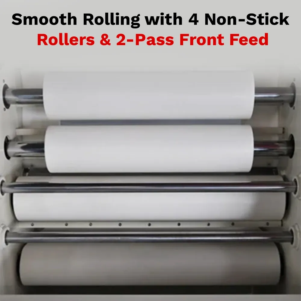 BakeMax Two-pass pizza sheeter with stainless rollers, compact countertop design, uniform thickness, easy to clean, single-phase power model.