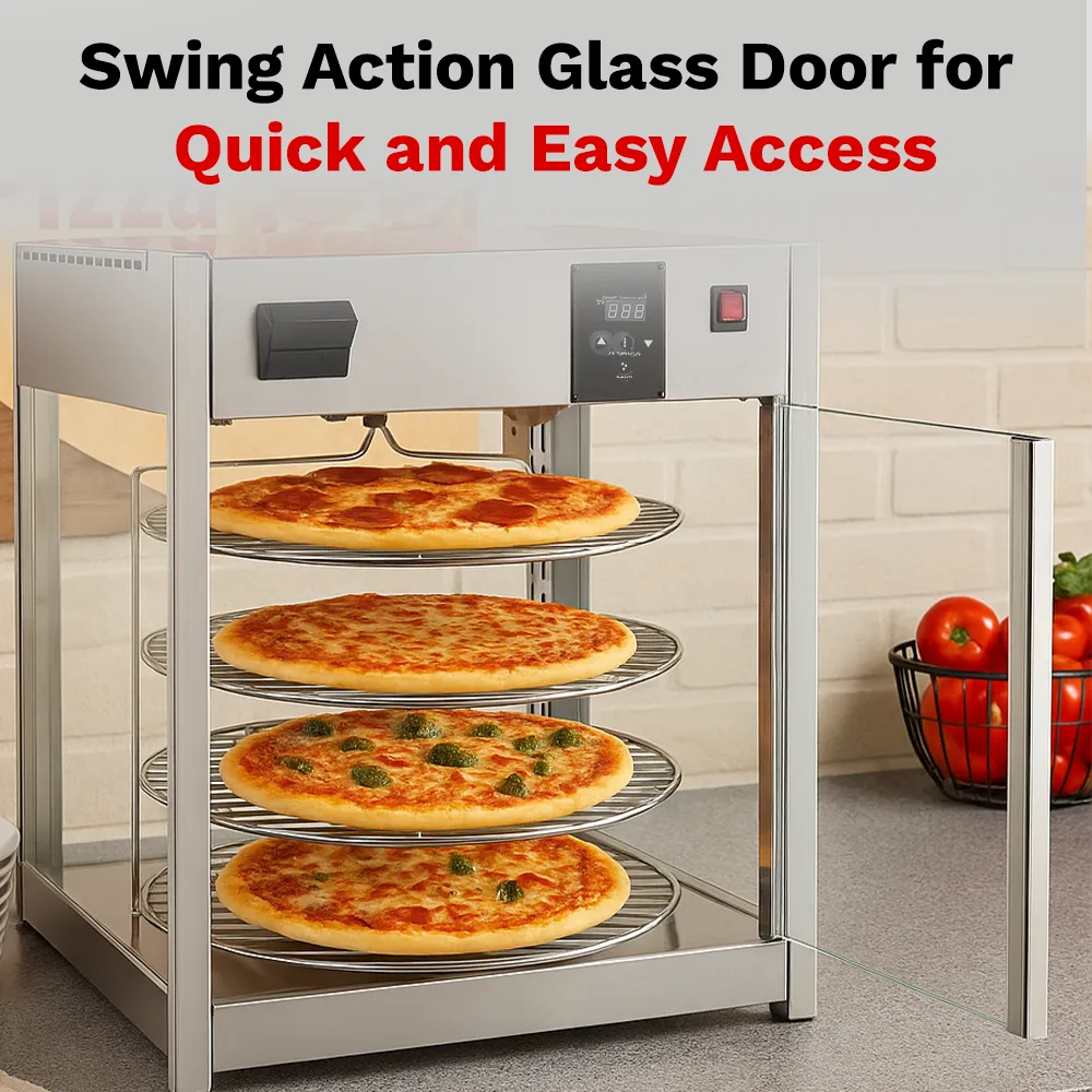 BakeMax Titan Series pizza warmer display case with countertop stainless steel body, glass panels, and multiple levels for pizza display and heating.