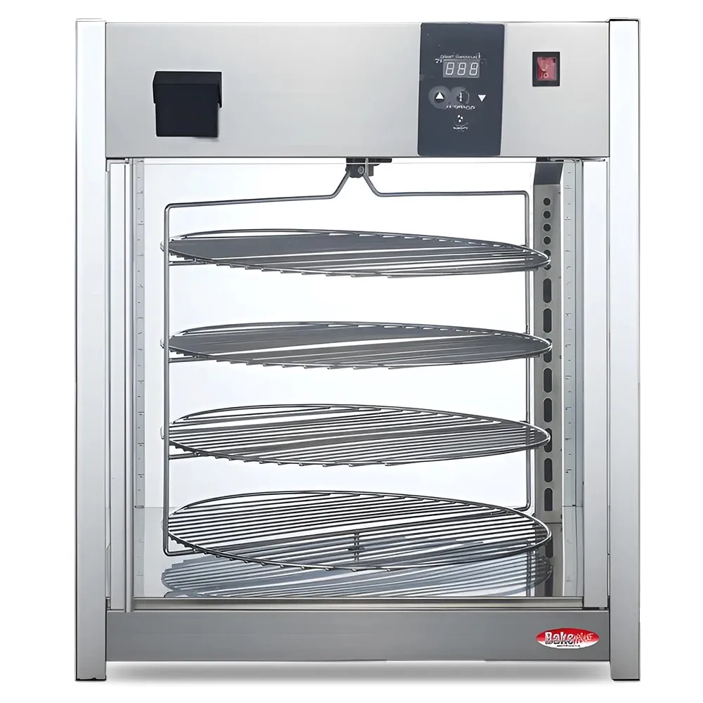 BakeMax Titan Series pizza warmer display case with countertop stainless steel body, glass panels, and multiple levels for pizza display and heating.