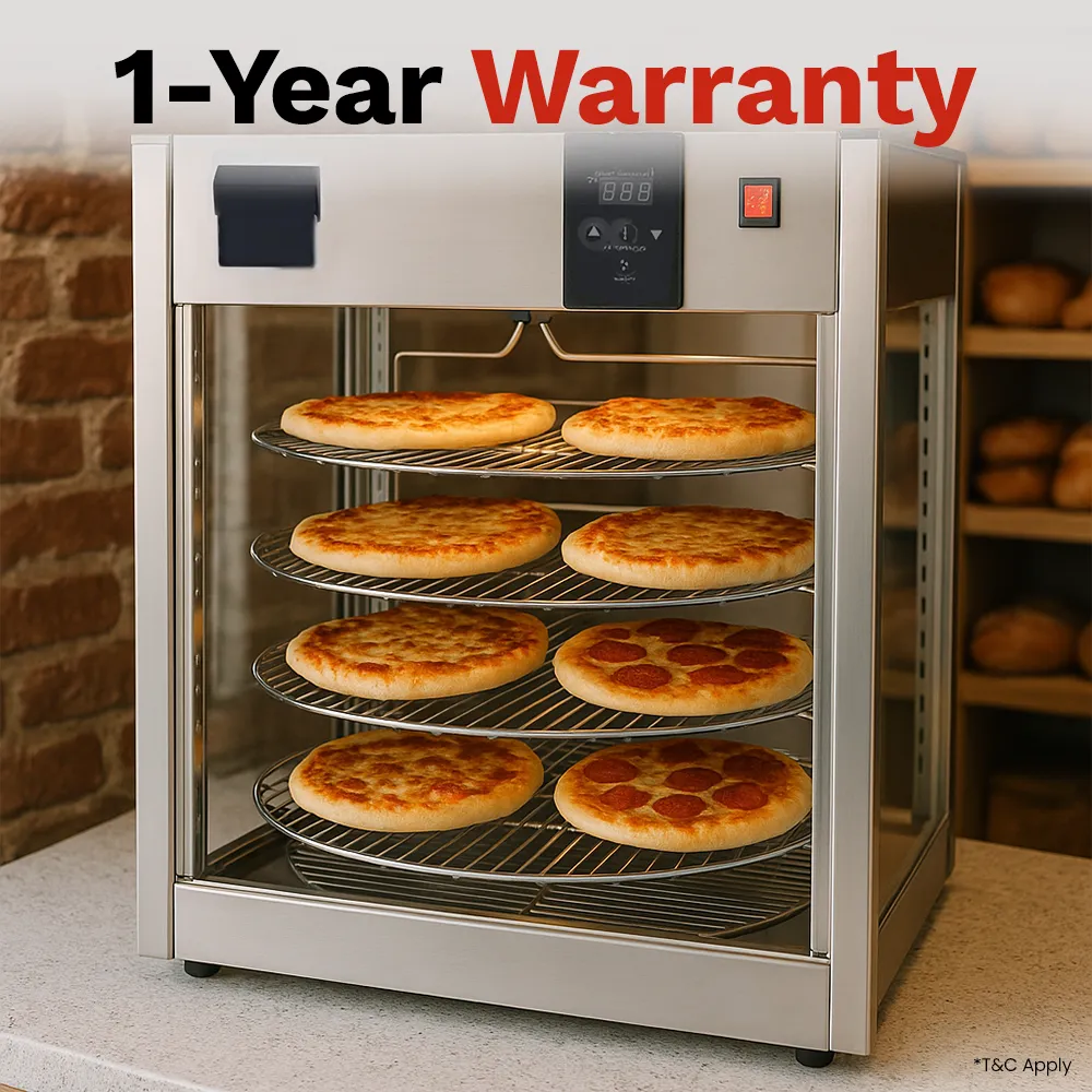 BakeMax Titan Series pizza warmer display case with countertop stainless steel body, glass panels, and multiple levels for pizza display and heating.