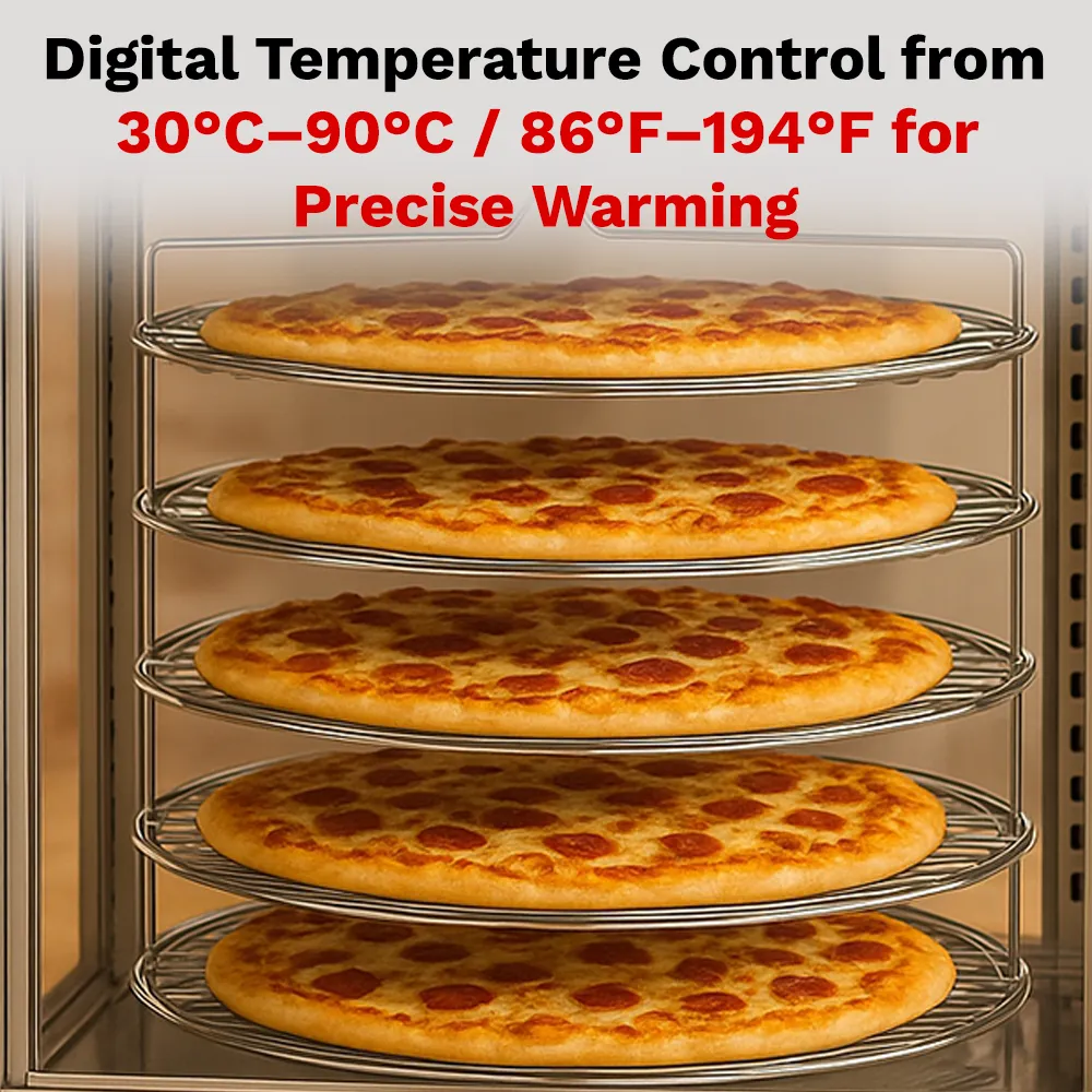 BakeMax Titan Series pizza warmer display case with countertop stainless steel body, glass panels, and multiple levels for pizza display and heating.