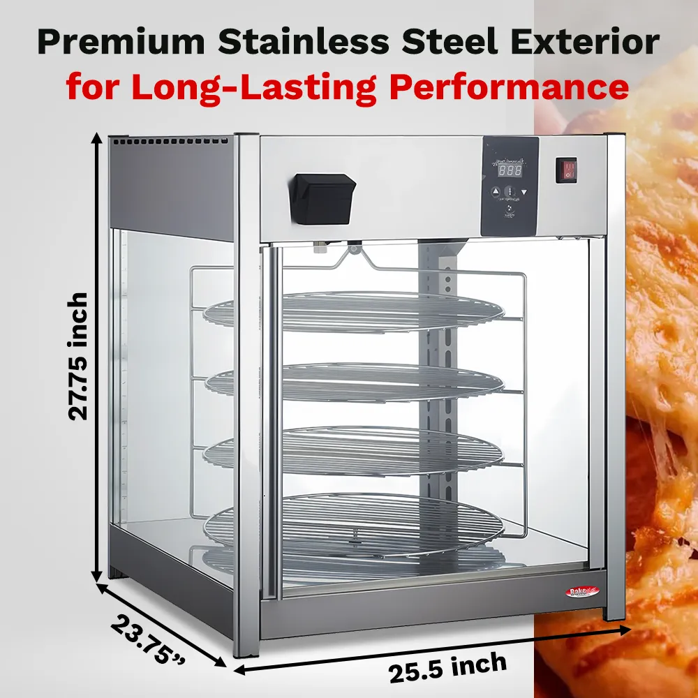 BakeMax Titan Series pizza warmer display case with countertop stainless steel body, glass panels, and multiple levels for pizza display and heating.