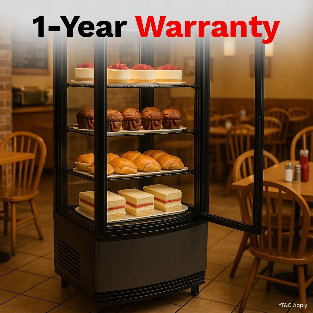 BakeMax BMRCD01 Compact Titan Series refrigerated display case with curved glass design, countertop,stainless steel and compact space-saving format.