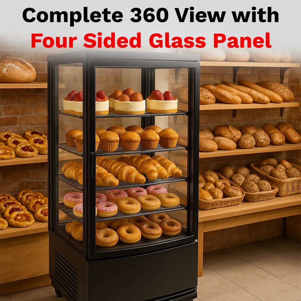 BakeMax BMRCD01 Compact Titan Series refrigerated display case with curved glass design, countertop,stainless steel and compact space-saving format.