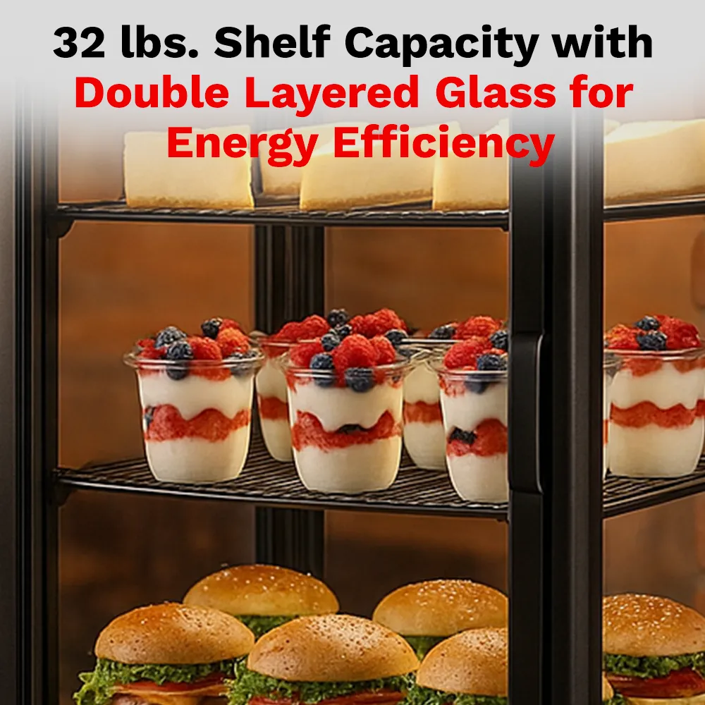 BakeMax BMRCD01 Compact Titan Series refrigerated display case with curved glass design, countertop,stainless steel and compact space-saving format.