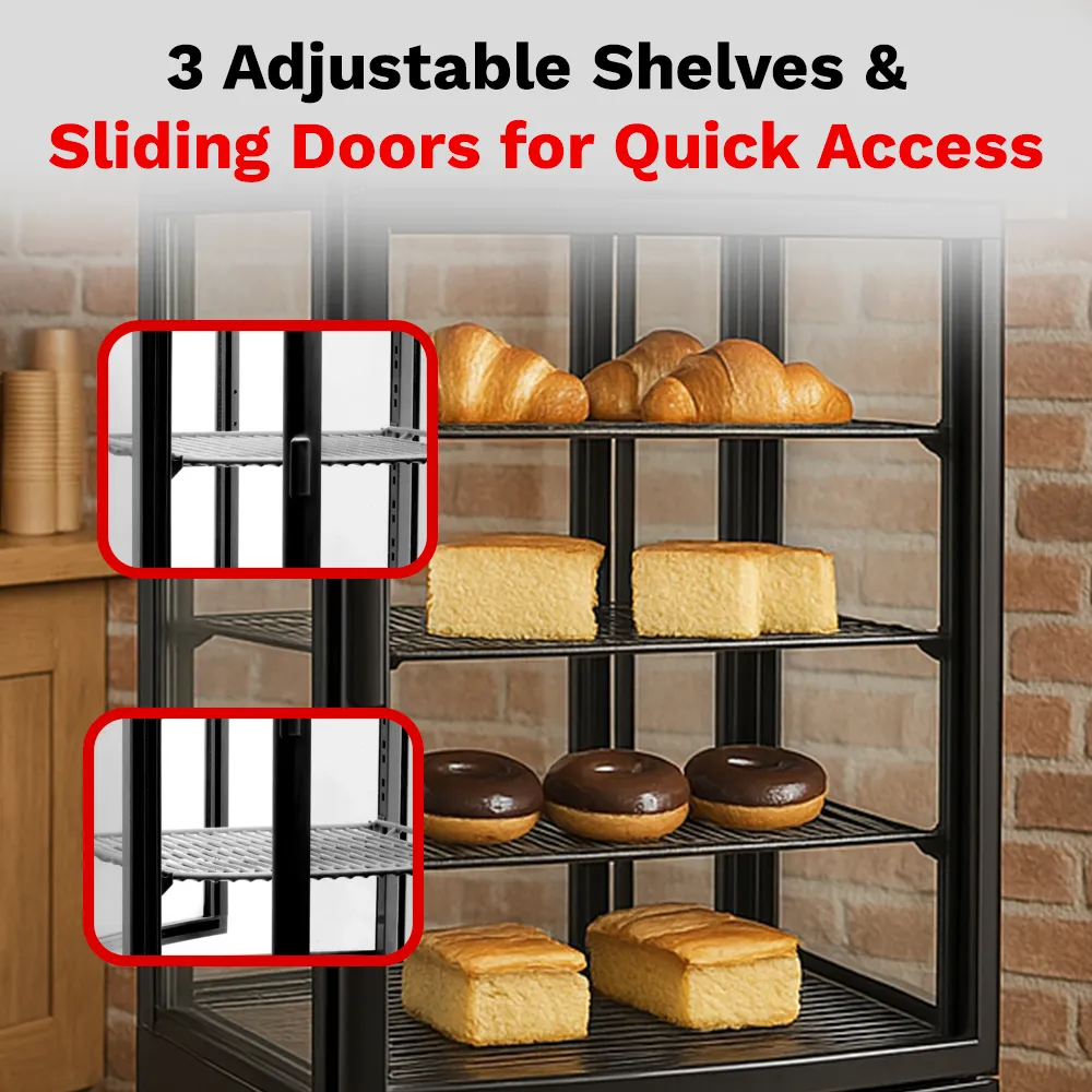 BakeMax BMRCD01 Compact Titan Series refrigerated display case with curved glass design, countertop,stainless steel and compact space-saving format.