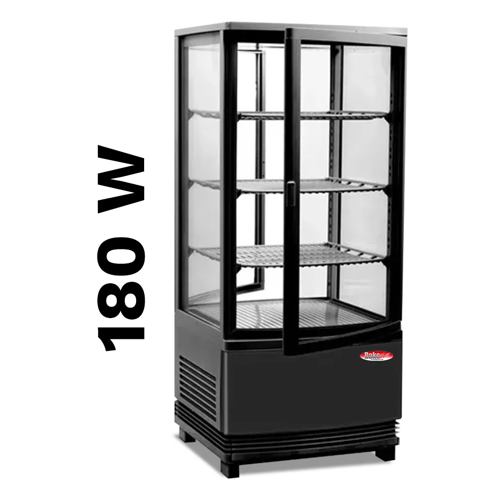 BakeMax BMRCD01 Compact Titan Series refrigerated display case with curved glass design, countertop,stainless steel and compact space-saving format.