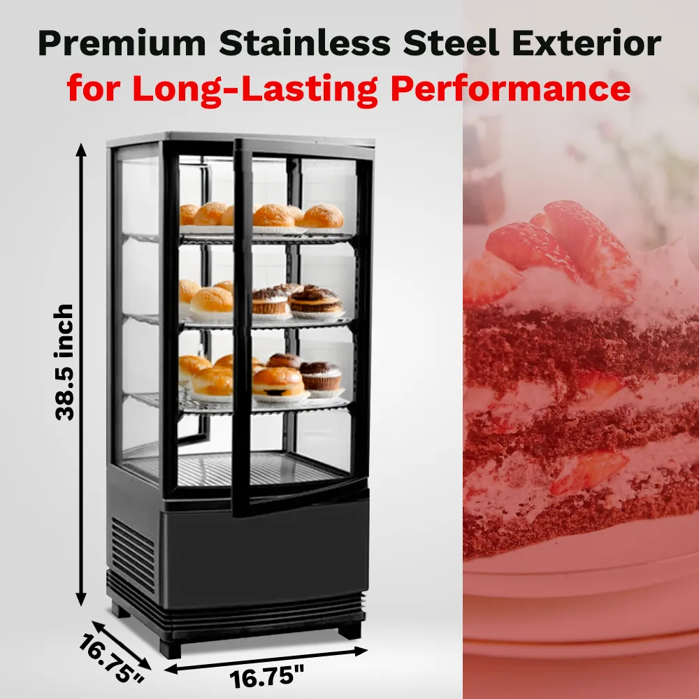 BakeMax BMRCD02 titan series refrigerated display case, countertop style with clear glass panels and interior shelves, Titan Series.