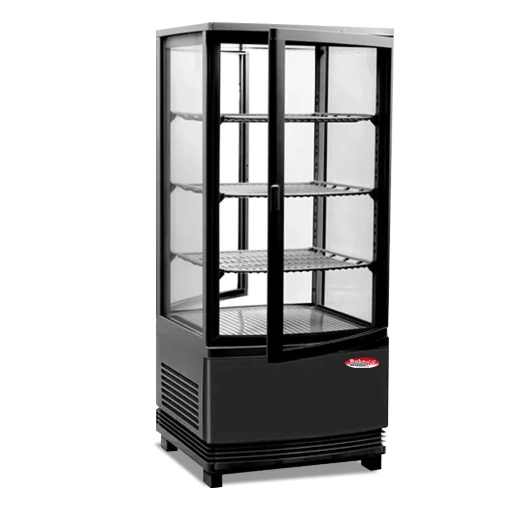 BakeMax BMRCD02 titan series refrigerated display case, countertop style with clear glass panels and interior shelves, Titan Series.