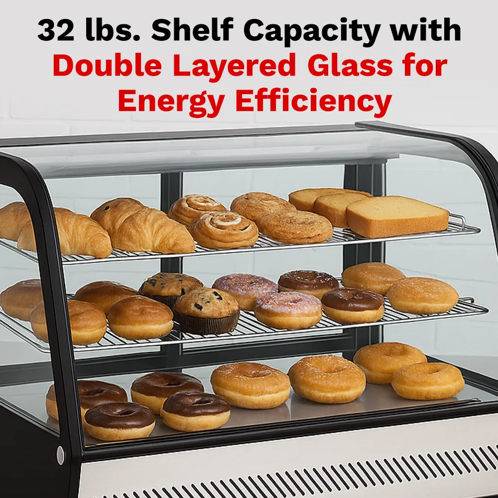 BakeMax BMREF28 titan series Compact refrigerated countertop display case with curved glass front, Titan Series, 27.6-inch model.