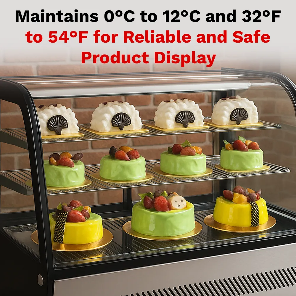 BakeMax BMREF28 titan series Compact refrigerated countertop display case with curved glass front, Titan Series, 27.6-inch model.